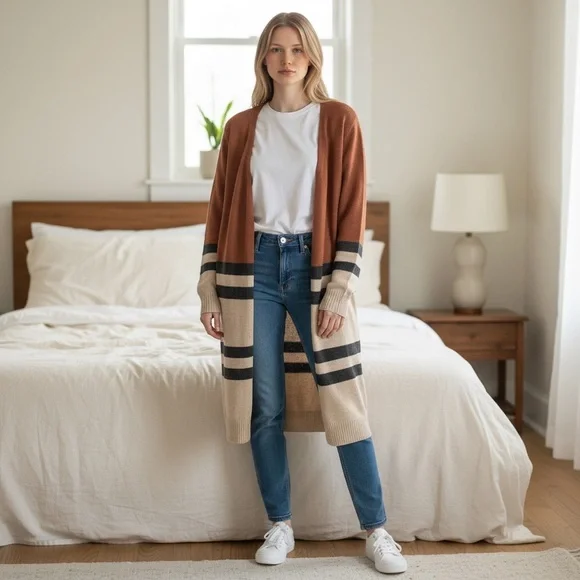 Doe & Rae NWT Cashmere Brown and Cream Striped Cardigan - Picture 11 of 11